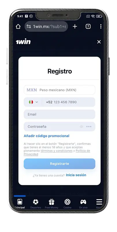 Formulario de registro de una cuenta nueva en la app de 1Win México