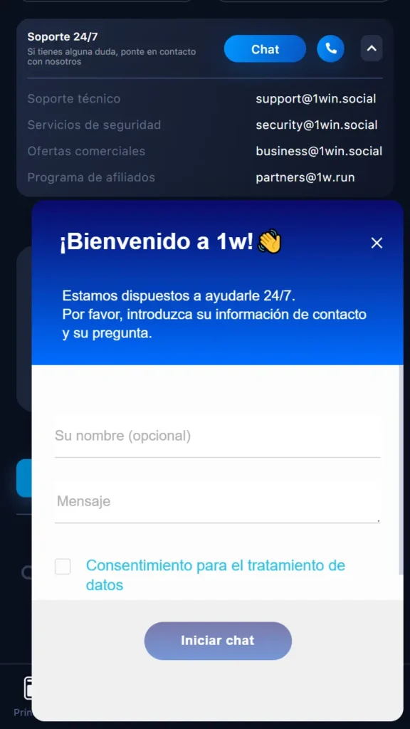 Chat de soporte 24/7 de 1Win México para resolver dudas de los usuarios