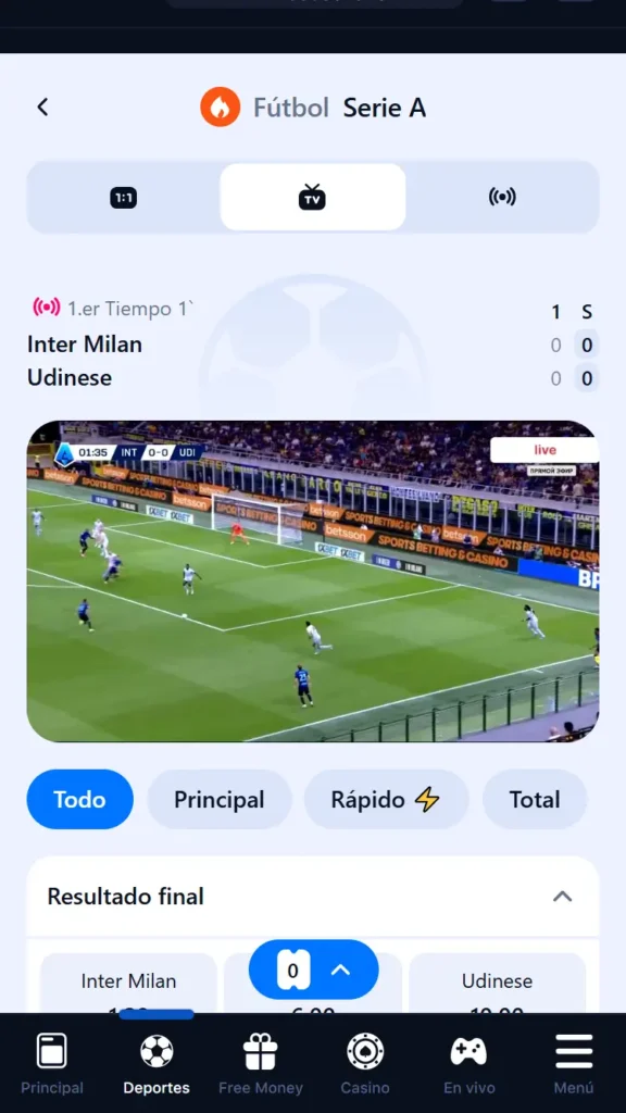 Transmisión en vivo de un partido dentro de la app de 1Win México durante una apuesta en directo