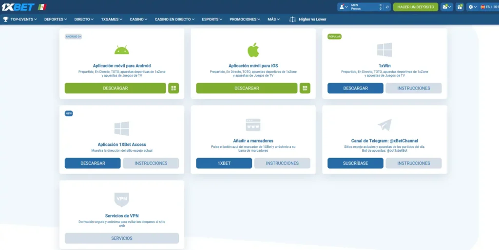 Apps de 1xBet México disponibles para Android, iOS y escritorio