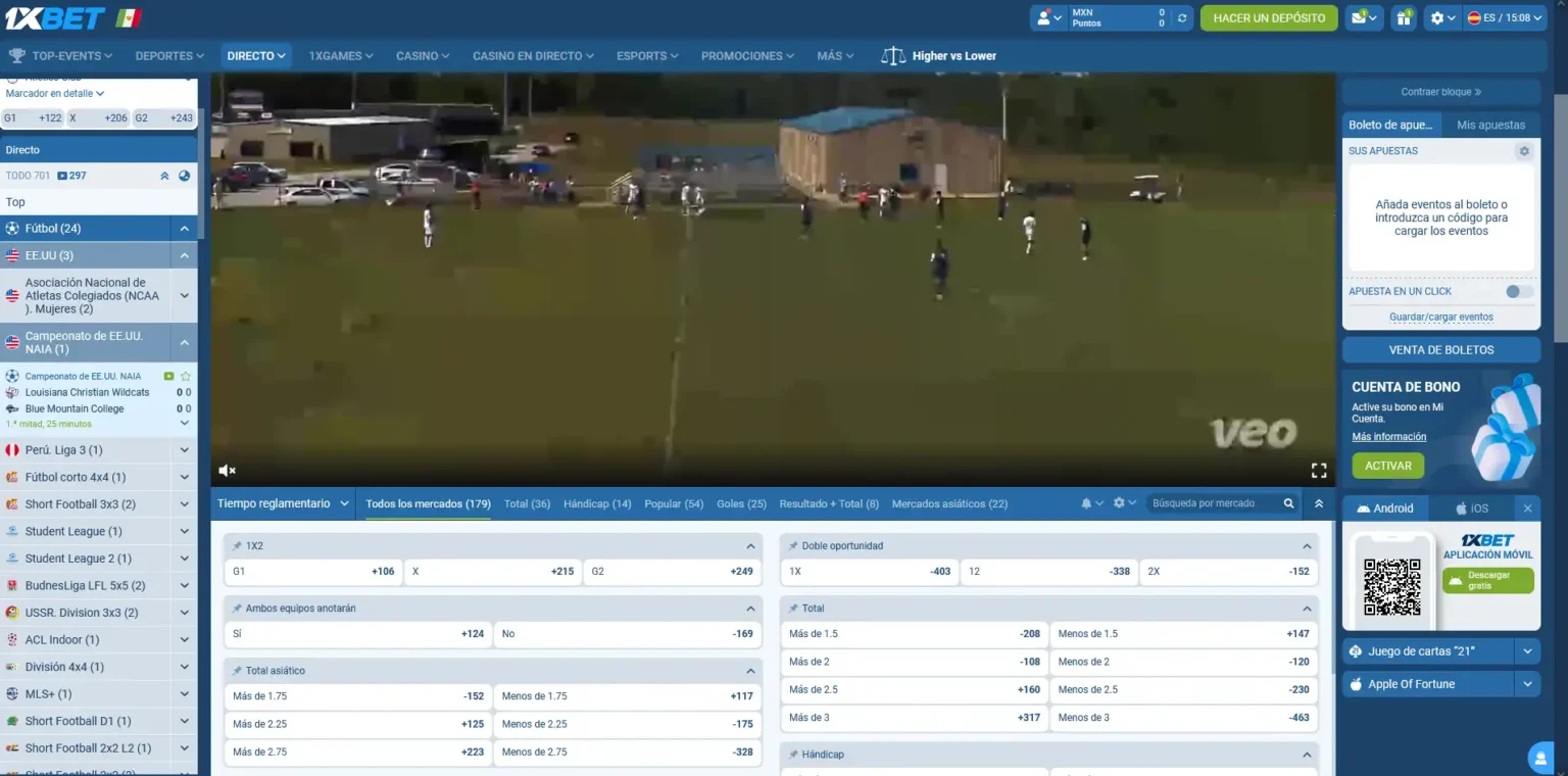 Apuestas en vivo de 1xBet México con transmisión en directo y más de 170 mercados por partido