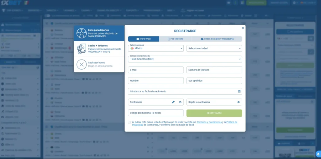 Formulario de registro y bono de bienvenida deportivo de 1xBet México
