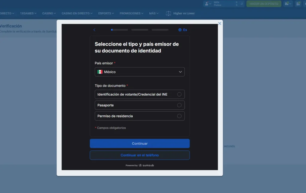 Pantalla de verificación de identidad (KYC) de 1xBet México solicitando INE o pasaporte