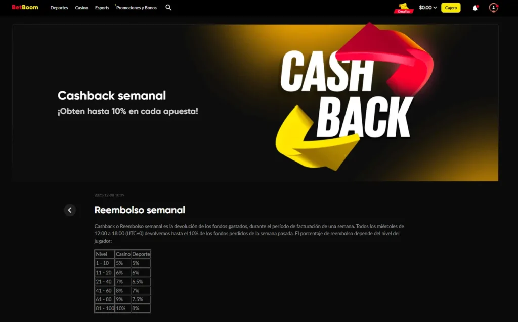 Promoción de cashback semanal de hasta 10% en BetBoom México