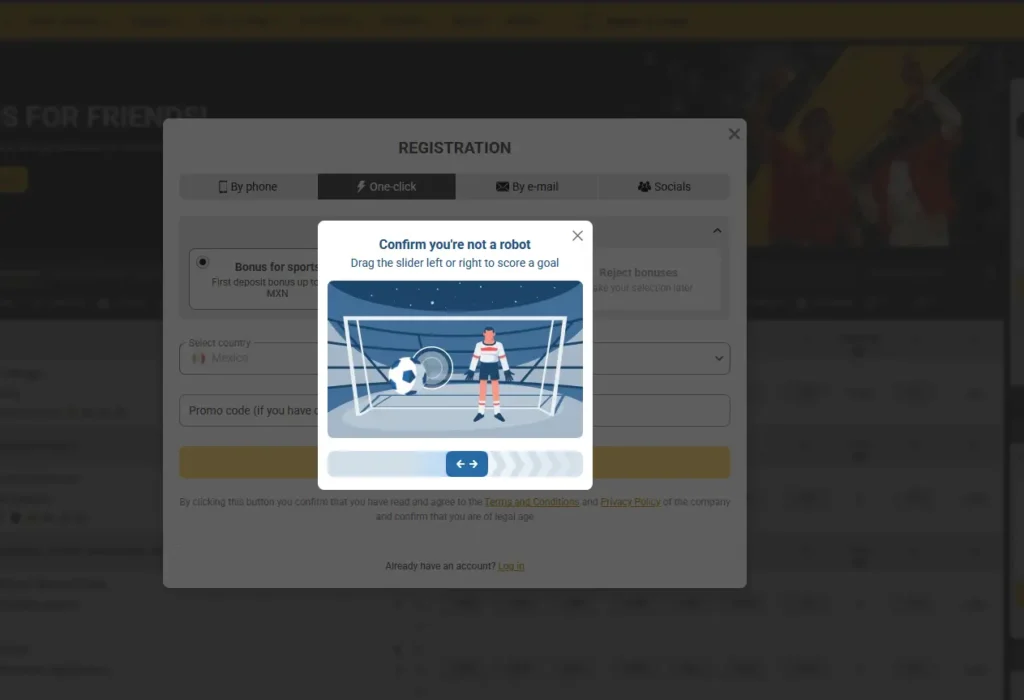 Formulario de registro rápido de Melbet México con verificación antibots