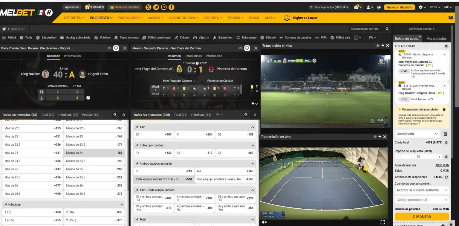 Apuestas en vivo de Melbet México con doble transmisión en directo y mercados en tiempo real