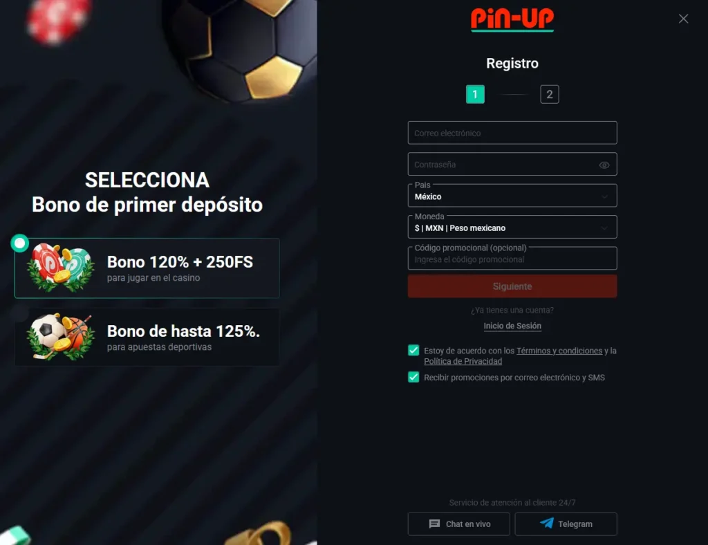 Formulario de registro de Pin-Up México con selección del bono de deportes de hasta 125%
