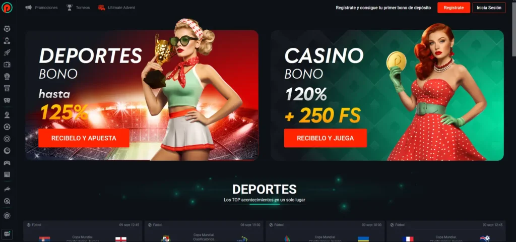 Página principal de Pin-Up México con el bono de deportes de hasta 125%