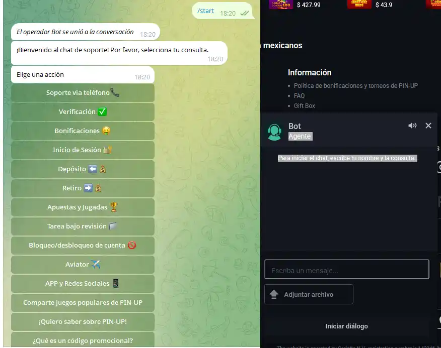 Chat de soporte por Telegram de Pin-Up México con menú de opciones de ayuda